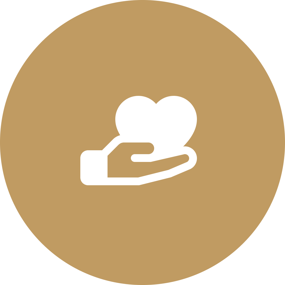 White icon of a hand holding a heart on a brown circular background.