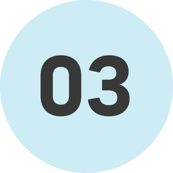 A light blue circular background with the number 03 in bold black font in the center.