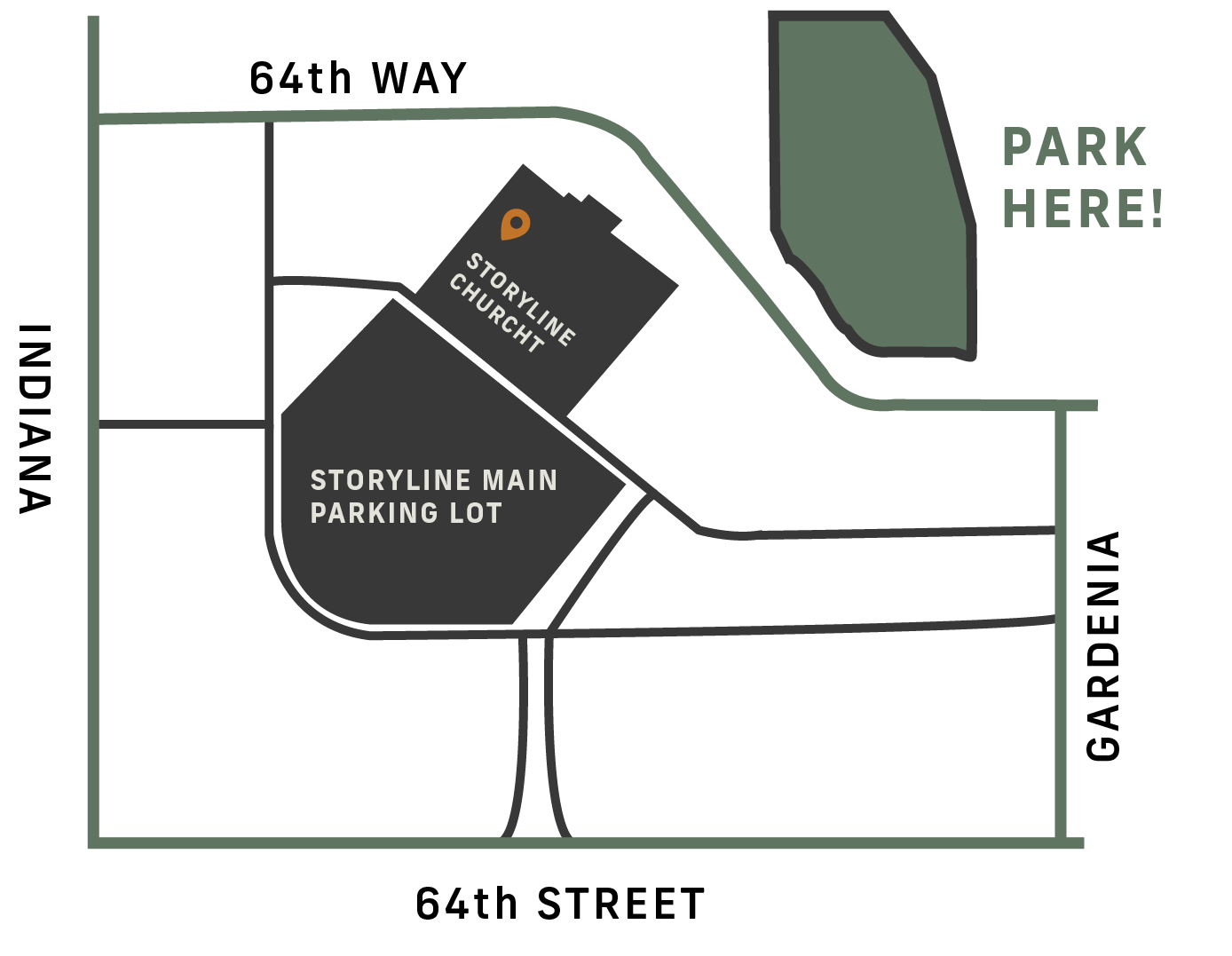 Map of the Storyline Church campus showing main parking lot, church building, and surrounding areas. There is an area marked for parking labeled 'Park Here!'