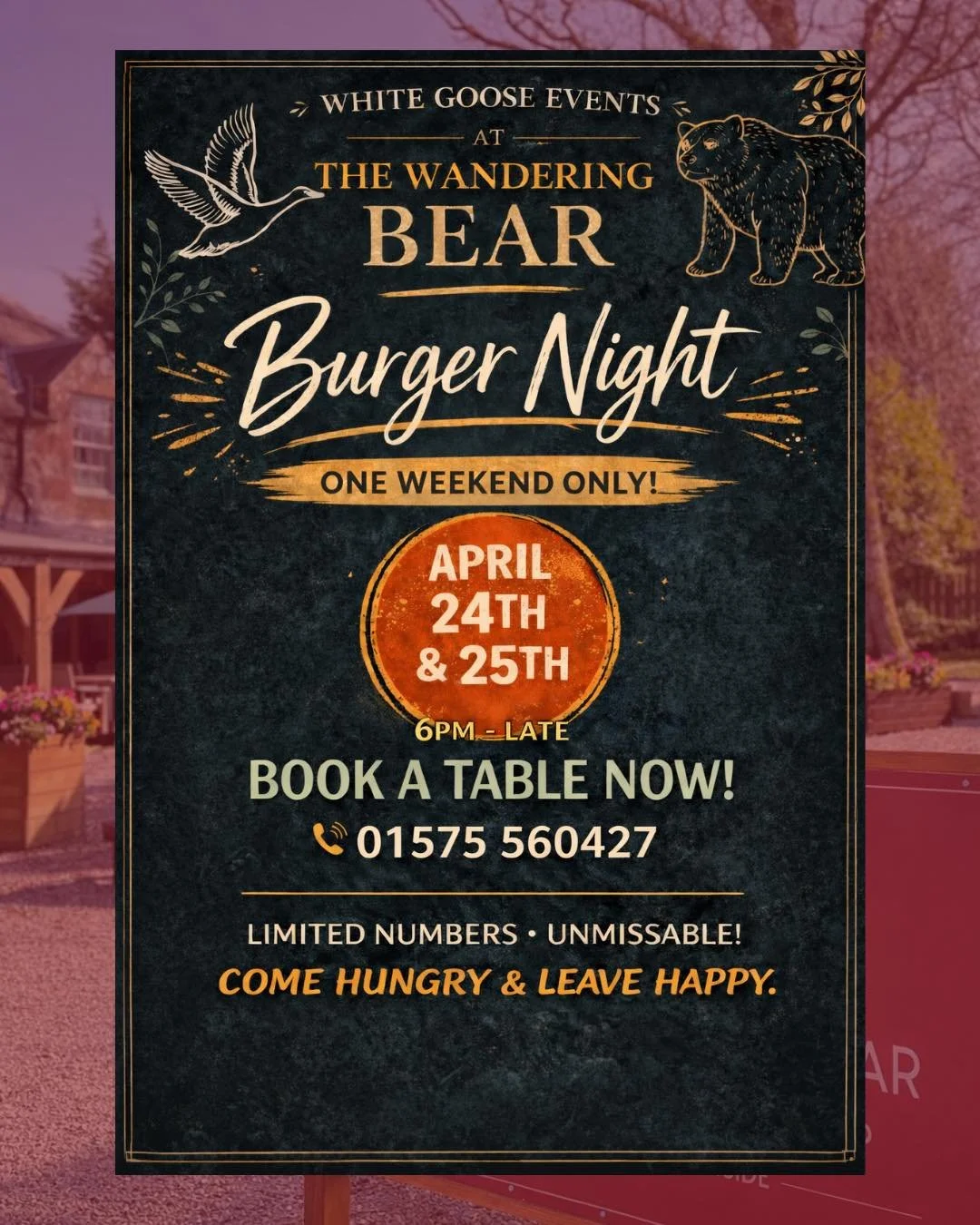 🐻✨ POP UP NIGHTS ARE BACK ✨🐻 

We&rsquo;re so excited to be bringing our pop up nights back to The Wandering Bear - we&rsquo;ve missed them! 

We&rsquo;re kicking things off with a good one&hellip; Burger Night 🍔🔥 

📅 April 24th &amp; 25th 
⏰ Fr