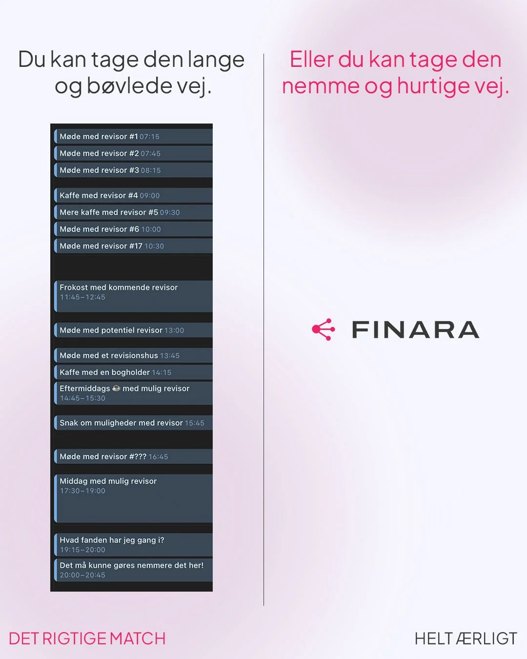 Billedet viser en detaljeret tidsplan for møder, kaffepauser og frokoster, med teksten: 'Du kan tage den lange og støvede vej.' Og 'Eller du kan tage den nemme og hurtige vej.' Der er også logoet for FINARA samt sloganet 'HELT ÆRLIG' og 'DET RIGTIGE 