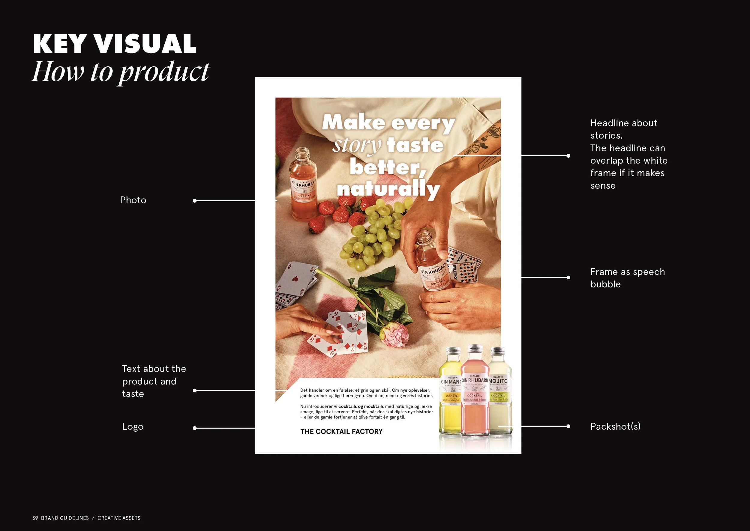 Billedet viser en reklameplakat, der indeholder en gruppe mennesker, der leger kort. Der er frugt og små flasker med drikkevarer på bordet. Teksten på plakaten siger 'Make every story taste better, naturally'.