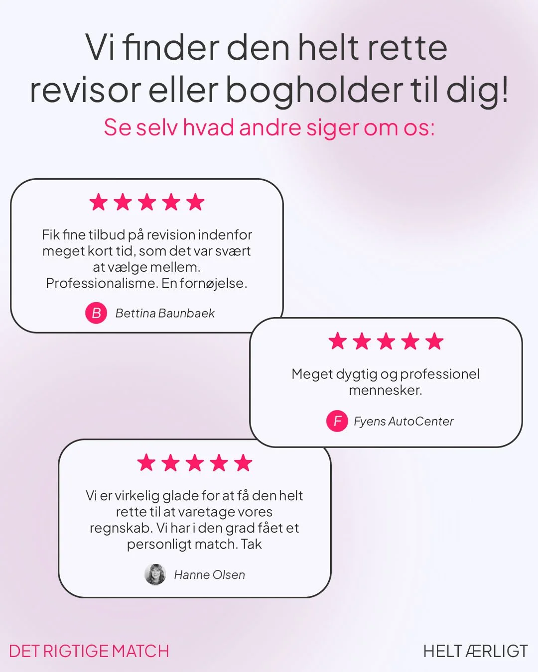 Kundeudtalelser i fond til revision og bogføring med fem stjerner og positive kommentarer.