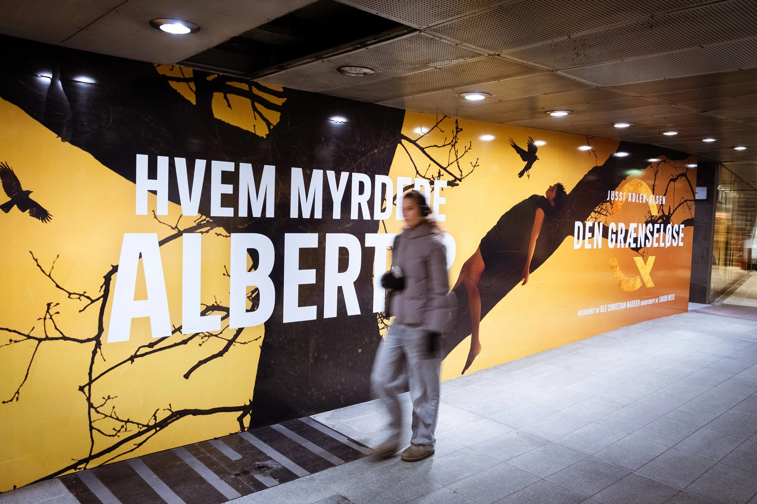 En person går forbi en stor reklamevæg med teksten "Hvem myrdede Albert" og nogle fugle i en trætoppestil baggrund. Væggen har en gul baggrund med sorte trægrene.