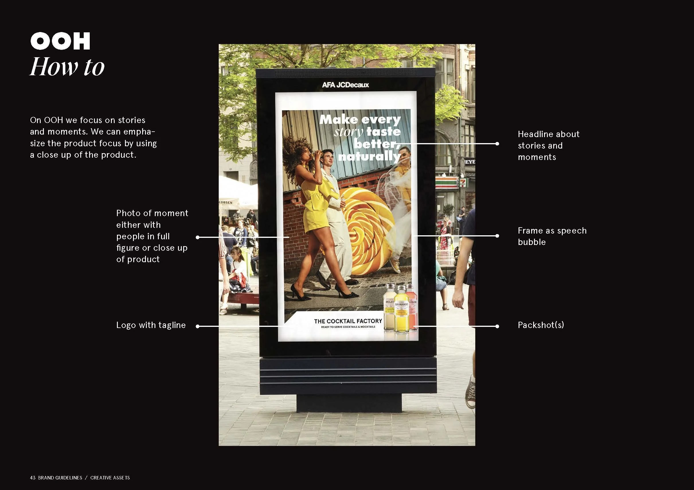 Skærm med reklame for cocktails og mocktails, hvor der står 'Make every story taste better naturally'; foto af mennesker på gaden og produkter nederst; vejledning i nøgleelementer som overskrift, foto, logo, pakke, ramme og tekstboble.