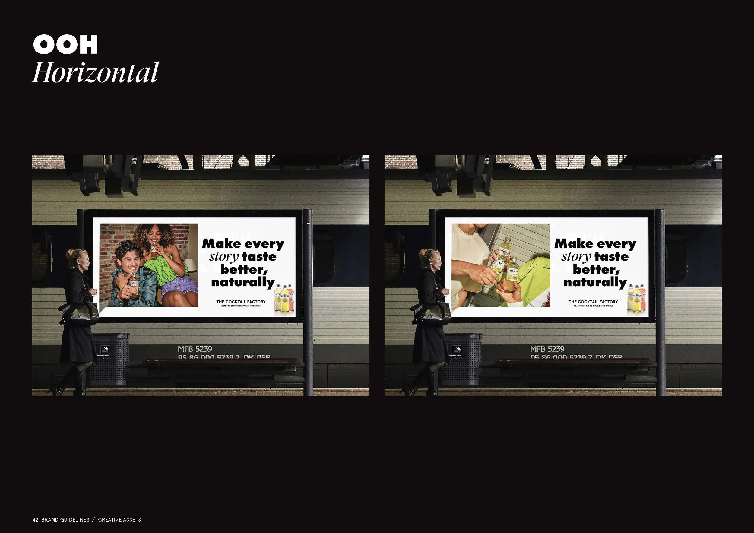 To reklameskilte på en busstoppested, en med farverige mennesker og teksten 'Make every story taste better, naturally' og den anden med en person, der åbner en flaske alkohol, begge med sloganet og mærket 'THE COCKTAIL FACTORY'.