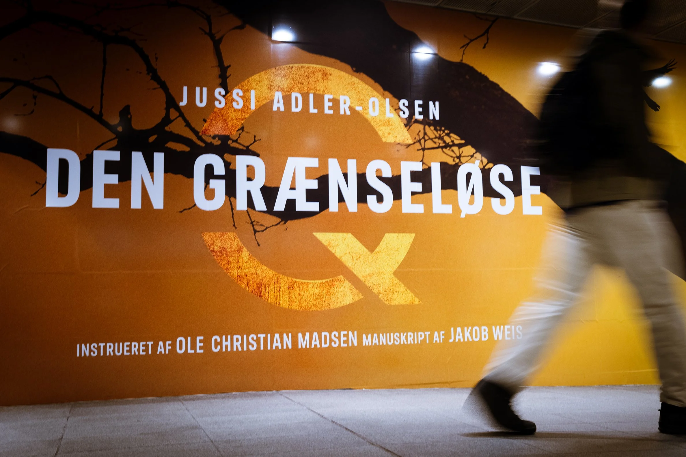 Plakat for udstilling eller teaterstykke med teksten 'Jussi Adler-Olsen, Den Grænseløse,' med en baggrund af en solopgang eller solnedgang bag en trægren.