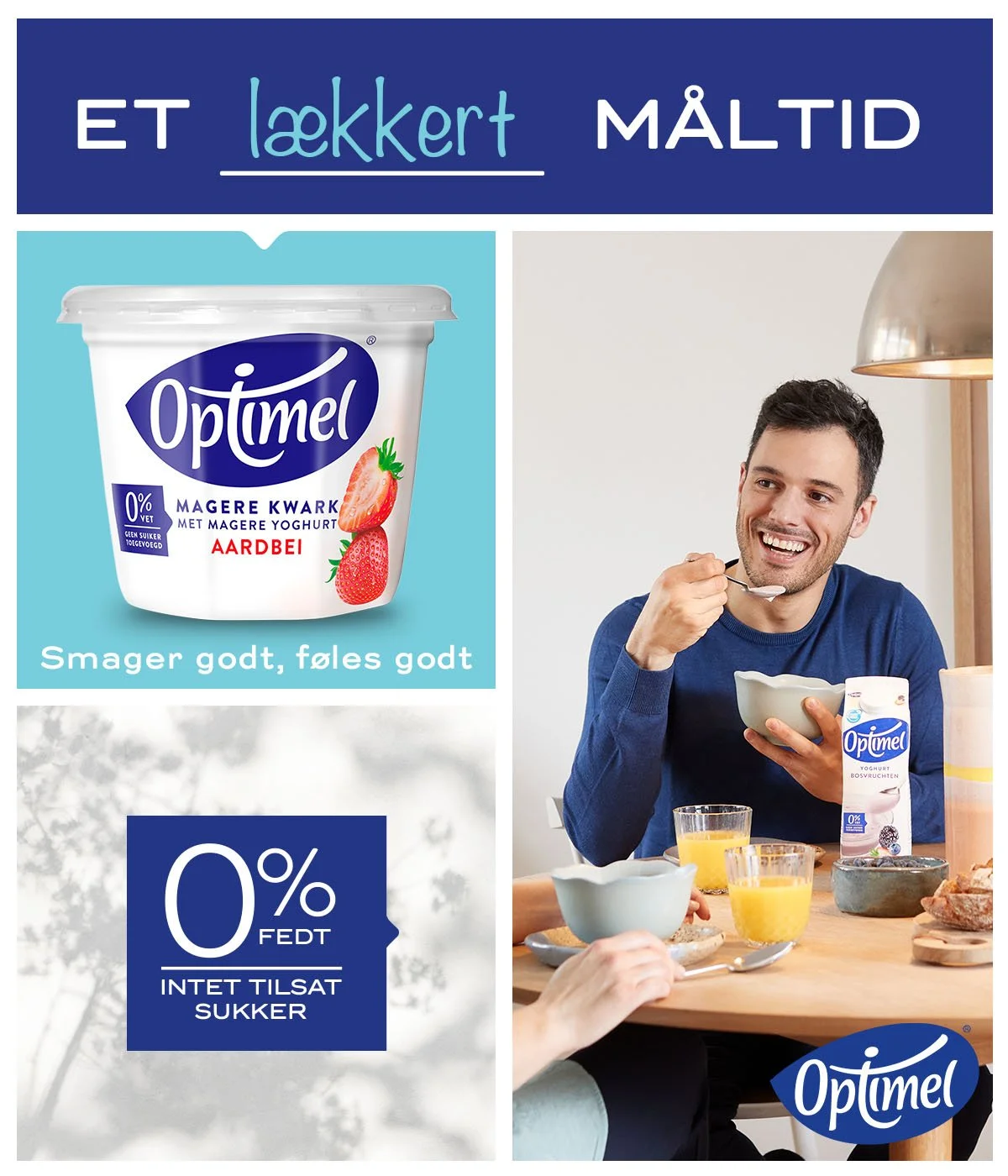 Let morgenmad med yoghurt, juice og brød. En mand spiser yoghurt med en ske, der er Optmel yoghurt med jordbær og bær på bordet.