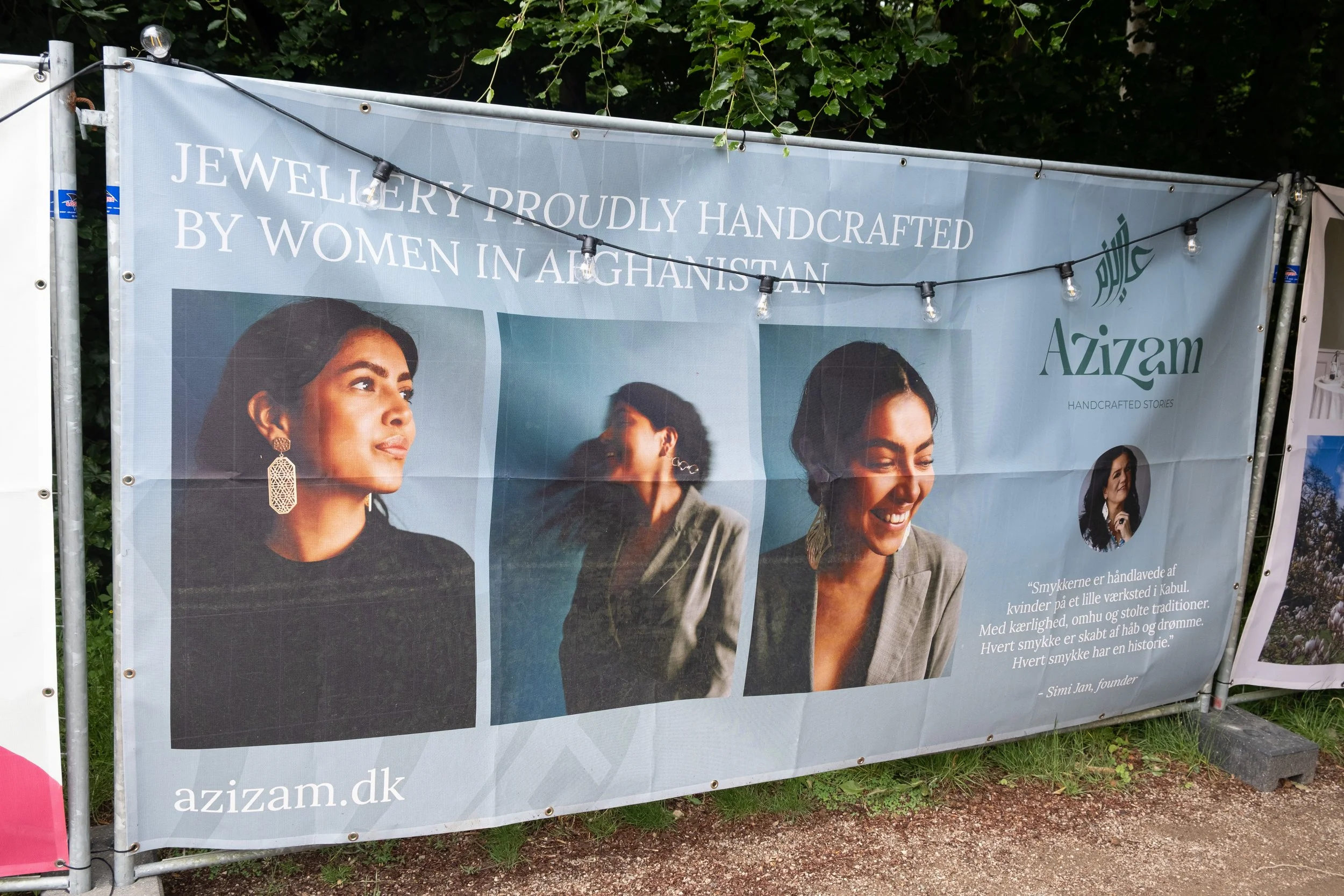 Banner for Azizam, featuring images of women wearing handcrafted jewelry, with text in Danish about women in Afghanistan making jewelry, and a quote from Simi Jan, founder.