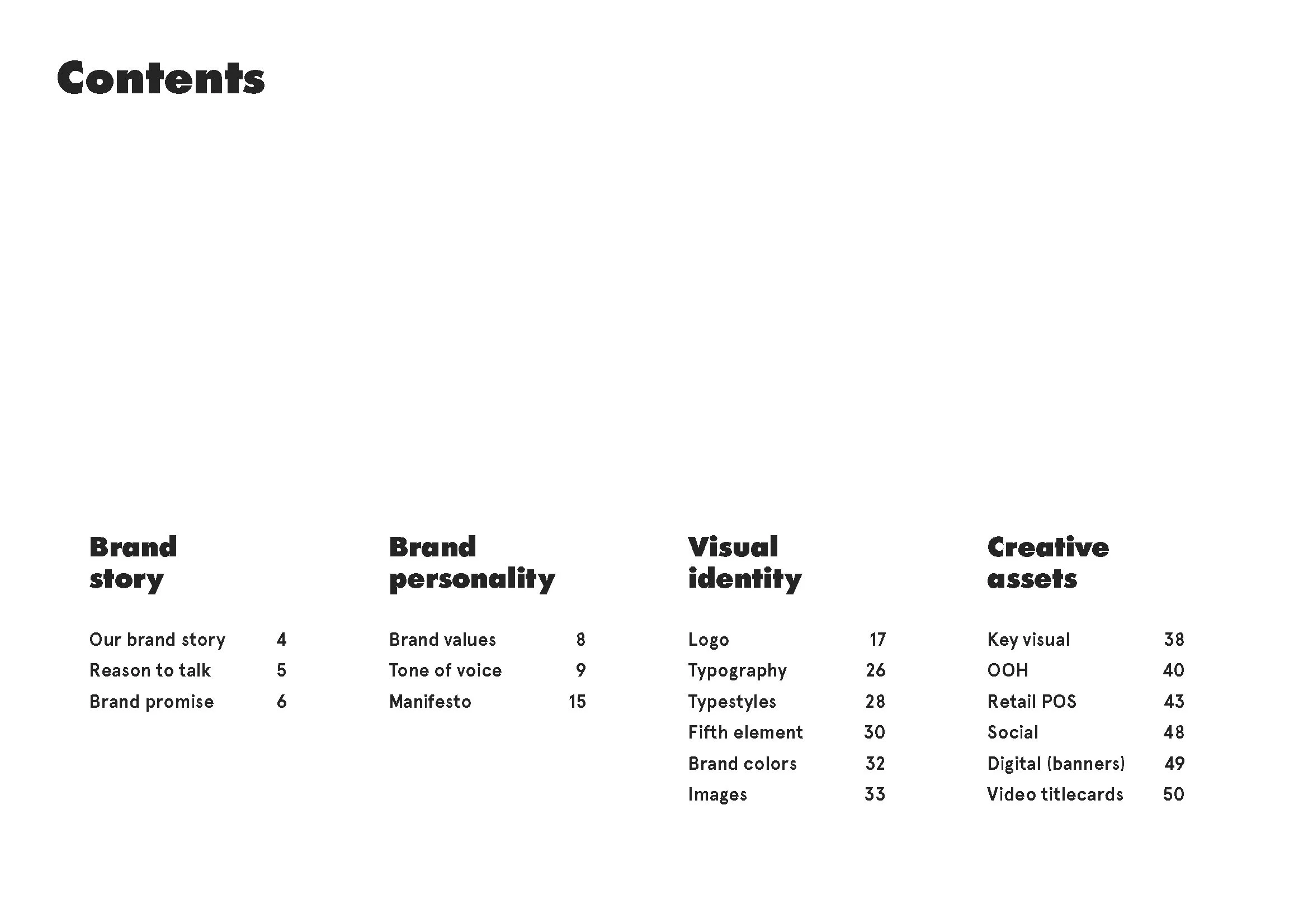En indholdsfortegnelse over et brandmanual med kategorierne: Brand story, Brand personality, Visual identity og Creative assets, hver med tilhørende underpunkter og sidetal.