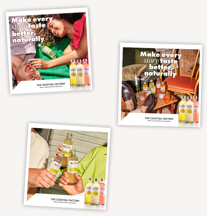 Tre billeder af mennesker, der nyder drinks og cocktails, med bottles af Mojito i fokus, inddraget i forskellige sociale situationer, med teksten 'Make every story taste better, naturally'.