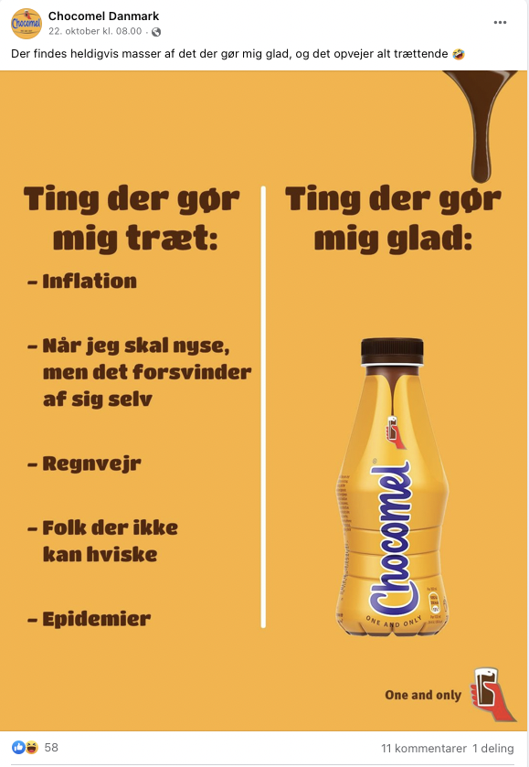 Billedet viser en plakat med to sektioner, der muliggør humor. Venstre side lister ting, der gør personen træt: inflation, at skulle nyse, regnvejr, folk der ikke kan hviske, og epidemier. Højre side antyder, at ting, der gør personen glad, er en fla