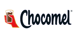 Chocomel logo med redleget fyld, blå baggrund og tekst skrevet i hvidt