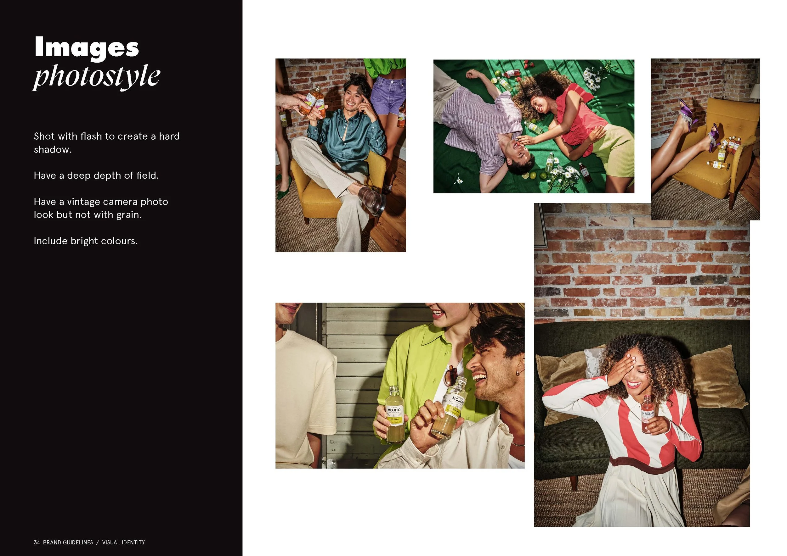 Billedet viser et collage af fem fotos med glade mennesker, der hygger sig med drikkevarer i forskellige omgivelser med farverige baggrunde og helt tydeligt højt humør.