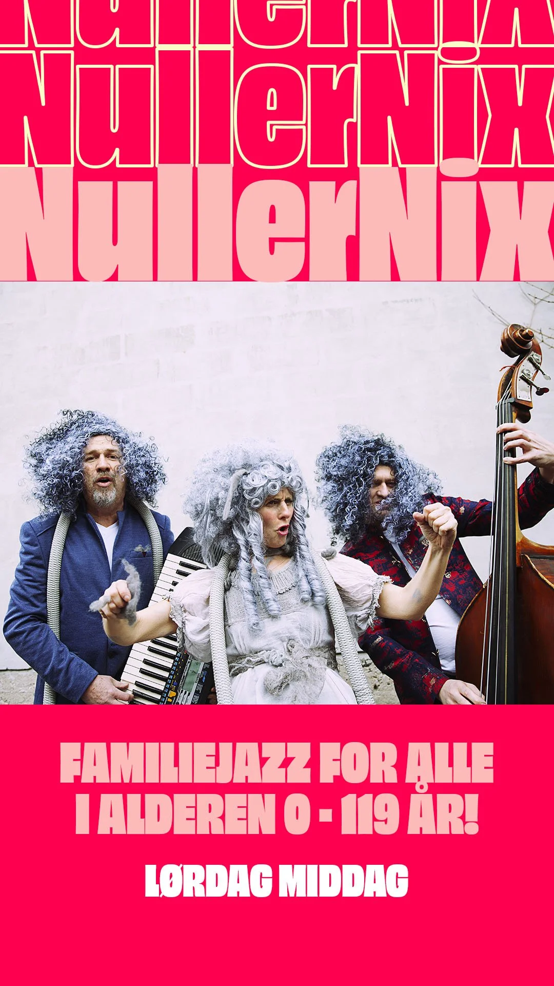 Band af tre musikere med fletninger og store curly parykker spiller og synger på en væg.