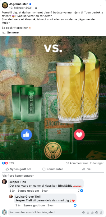 Forestil dig, at du har inviteret dine 4 bedste venner til en perfekt aften, hvor man skal vælge mellem en øl i klassisk stil eller en moderne Jägermeister-shot. På billedet er der to shotsglas med Jägermeister og to glas med en citrusbaseret drink, 