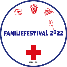 Logo for Familiefestival 2022 med symboler for YouTube, popcorn, bog, spejl og Røde Kors