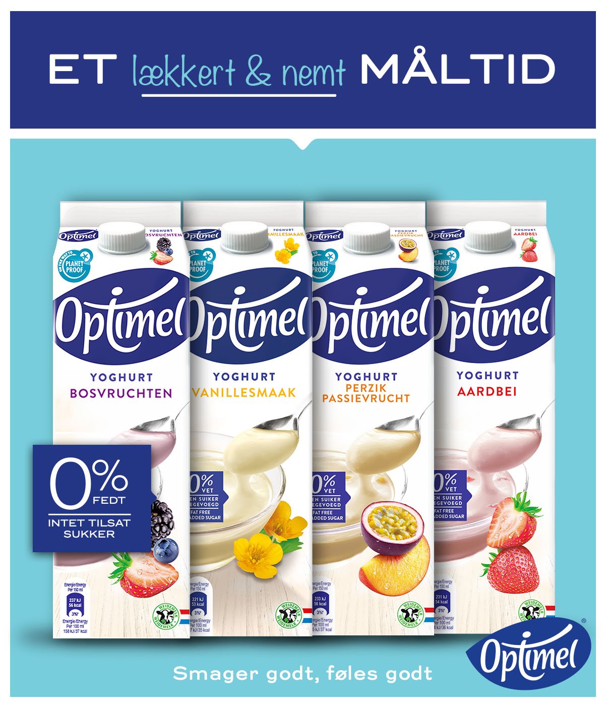 Pakke med fire Optima yoghurtvarianter i forskellige smagsvarianter: bær, vanilje, pasjonsfrugt og jordbær, alle med 0% fedt og ingen tilsat sukker. Overskrift: 'Et lækkert & nemt måltid'.