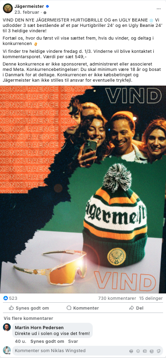 En post fra Jægermeister, der annoncerer konkurrencer om at vinde jagtbriller og en Ugly Beanie. Der vises tre glade personer, hvoraf en person har på en Jægermeister-hue, og et par jagtbriller er også i billedet. Baggrund med gentagende ordet 'KONKU