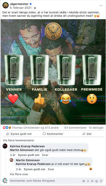 Billede af et opslag i sociale medier med fire billeder af håndskyder, der hver repræsenterer forskellige grupper: Venner, Familie, Kollegær, Fremmede. Under hver er en emoji: hjerte, tommel op, grinende ansigt, overrasket ansigt.