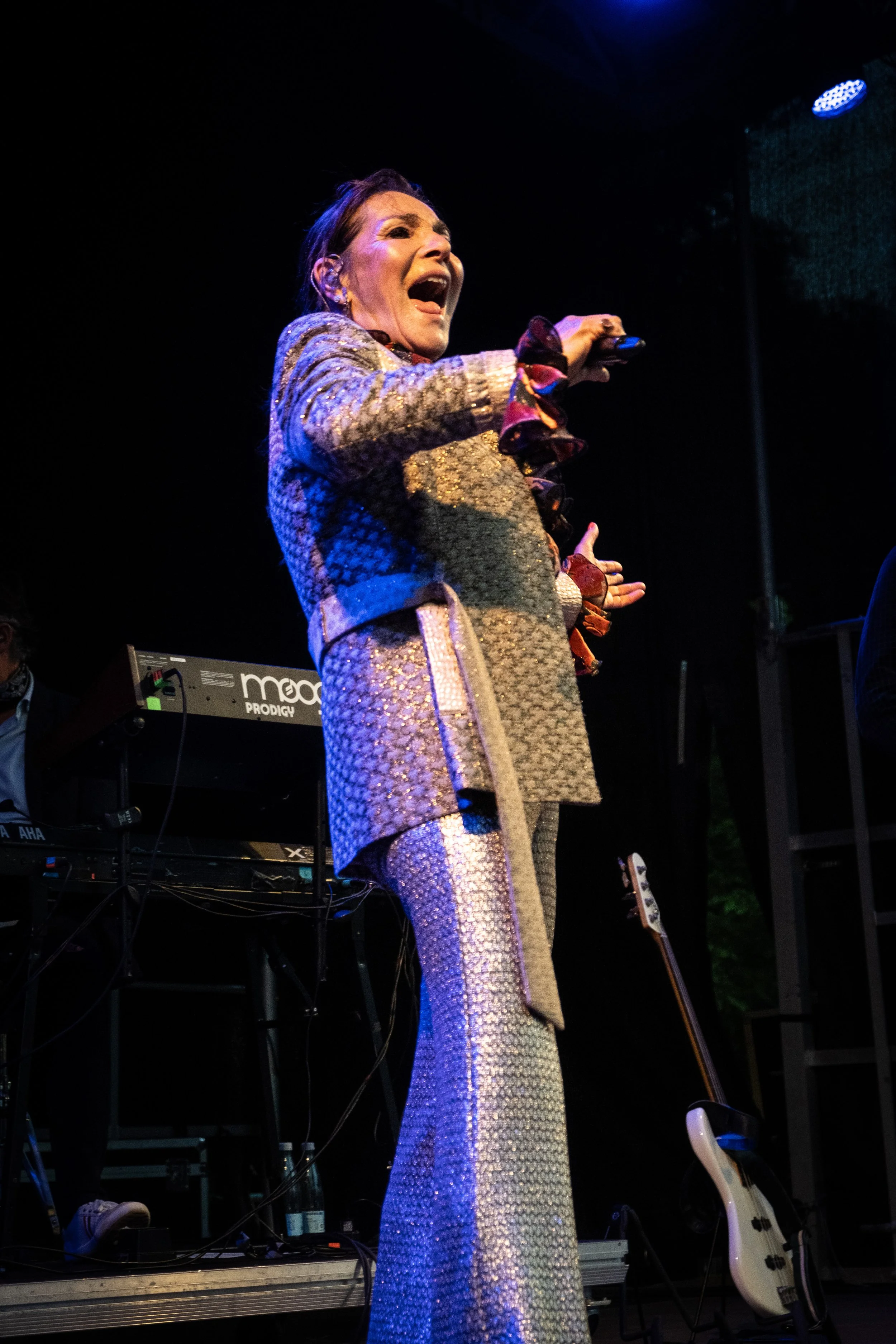 En kvinde på scenen, der synger med åben mund, iført en glitrende sætning, med musikudstyr som keyboard og guitar omkring hende.