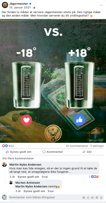 Tak til hænder, der holder shotsglas og kort på bordet. Illustration med 2 glas med temperaturer -18°C og +18°C, symboliserende forskellige måder at servere Jägermeister på.