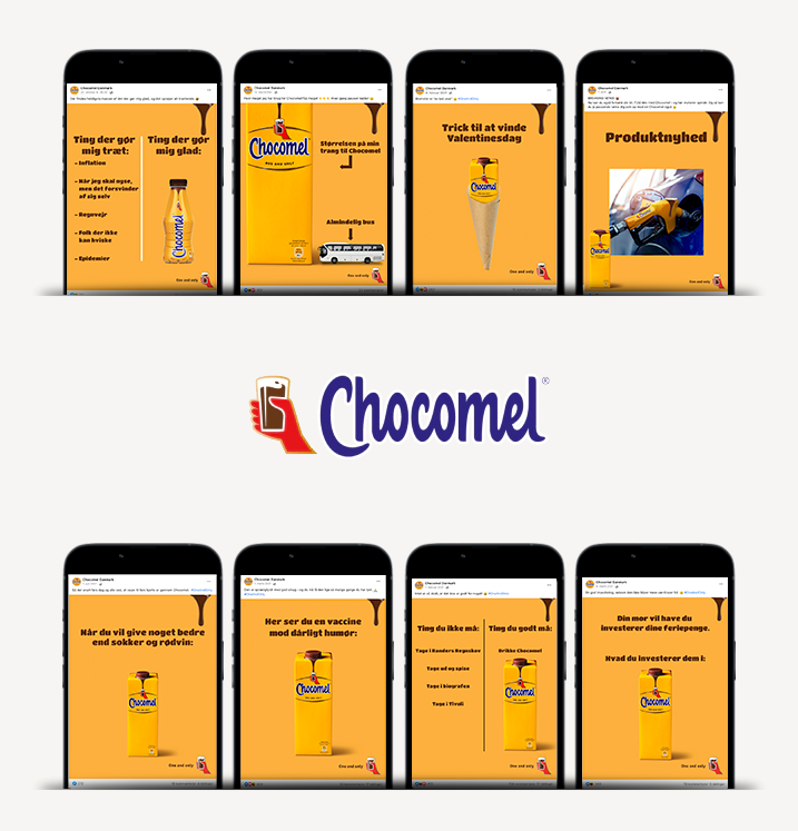 Kæde af smartphones viser reklame for Chocomel med information og slogans på gult og orange baggrund, inklusive Chocomel logo.