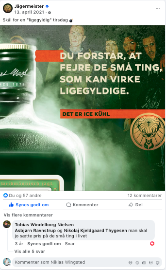 Et billede med en grøn flaske på venstre side, tekst på højre side, der siger 'DU FORSTÅR, AT FEJRE DE SMÅ TING, SOM KAN VIRKE LIGEGYLDIGE'. Der er også et logo med en økologisk symbol i den nederste højre hjørne og små billeder af et par mennesker i