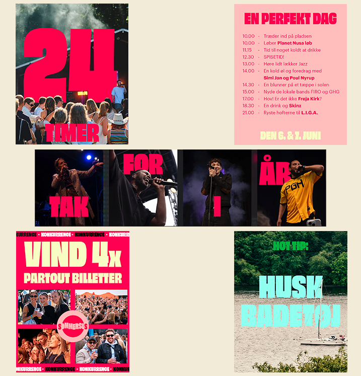 Oversigt over en festival med informationstavler, billeder af musikere, og konkurrencer med store overskrifter i stærke farver.
