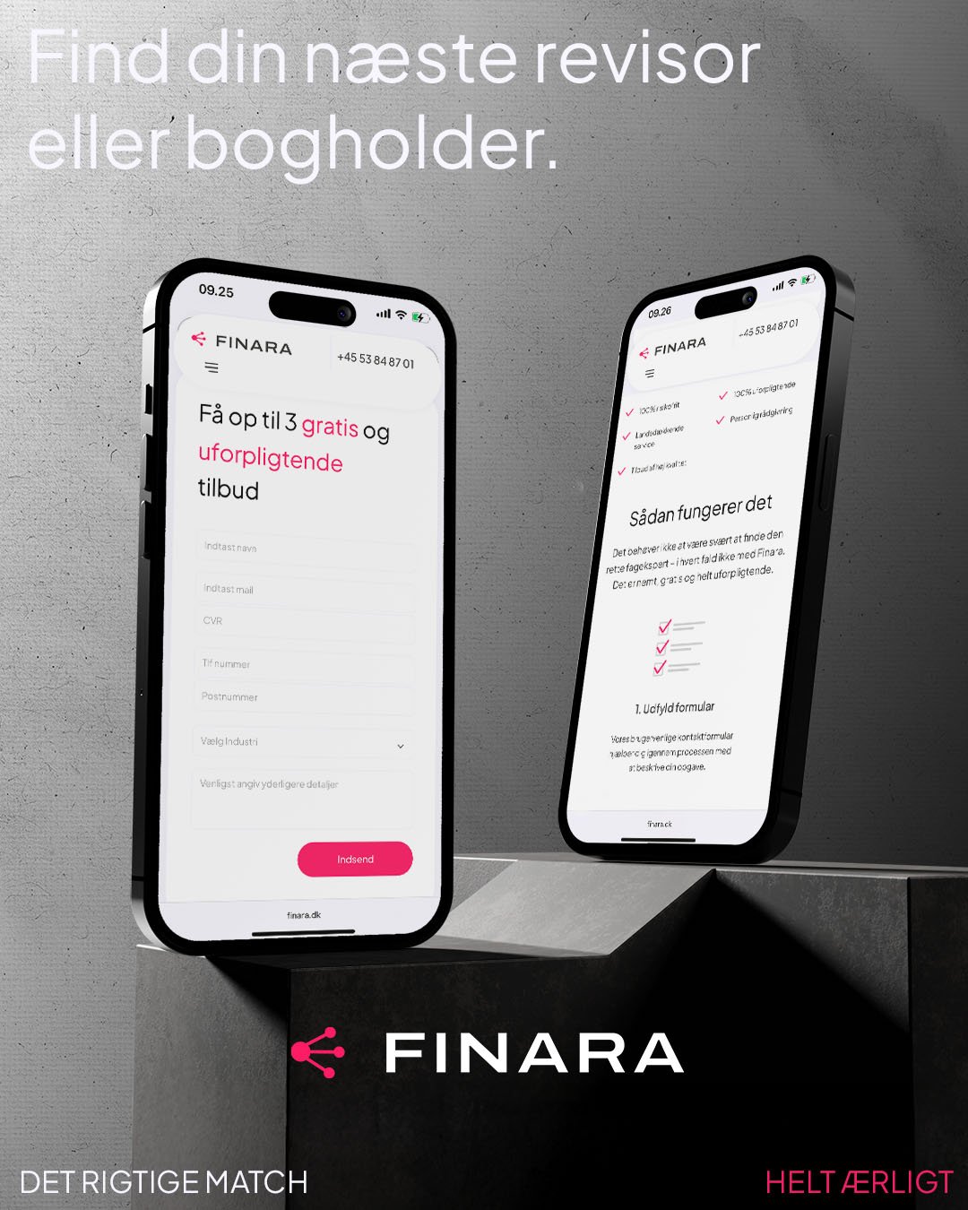 To smartphones vises med skærmbilleder af Finara app, der tilbyder gratis og forpligtende finansielle tilbud. Baggrund er en grå væg, og der er tekst på billedet, der siger 'Find din nærmeste revisor eller bogholder'.