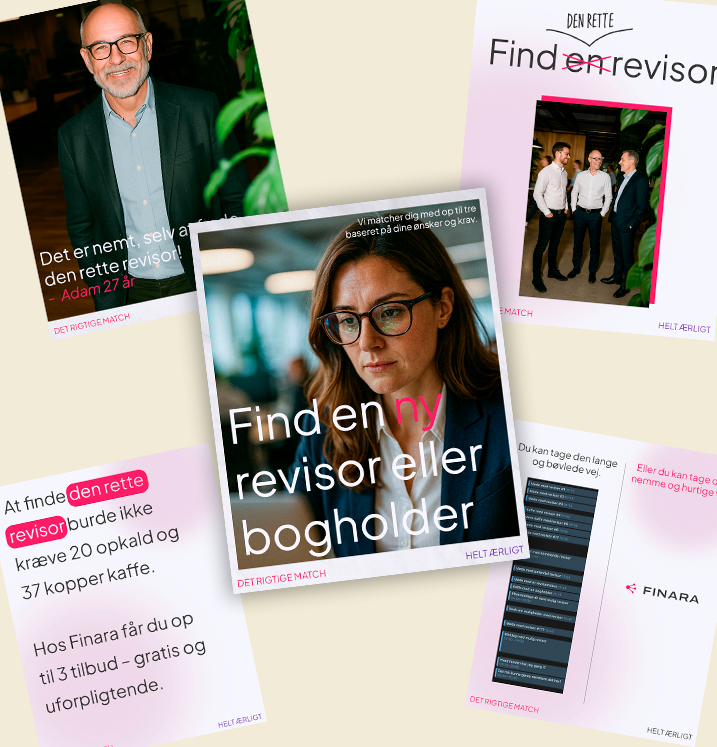 Billede med reklamer for at finde en ny revisor eller bogholder, visende en kvinde med briller, og tre mænd i samtale, samt tekst om inspektions- og revisor-tjenester.