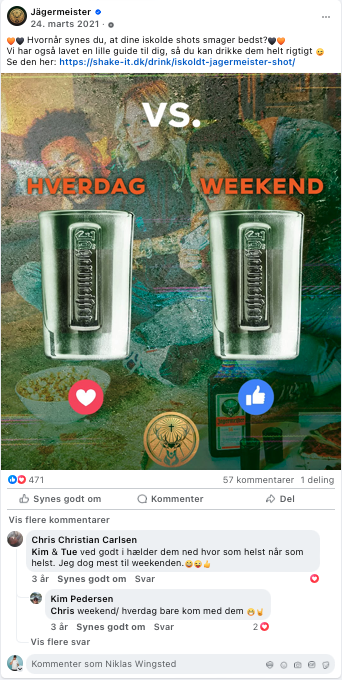 Billedet viser to glas med iskolde drikkevarer, markeret 'HVERDAG' og 'WEEKEND'. Det er en vision om at drikke mere, med emojis af hjerte og tommelfinger op. Baggrund med glade mennesker.