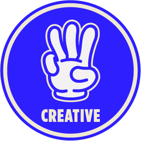 En blå cirkel med en hvid tegneseriehandske, der laver tre fingre op, og teksten 'CREATIVE' nedenunder.