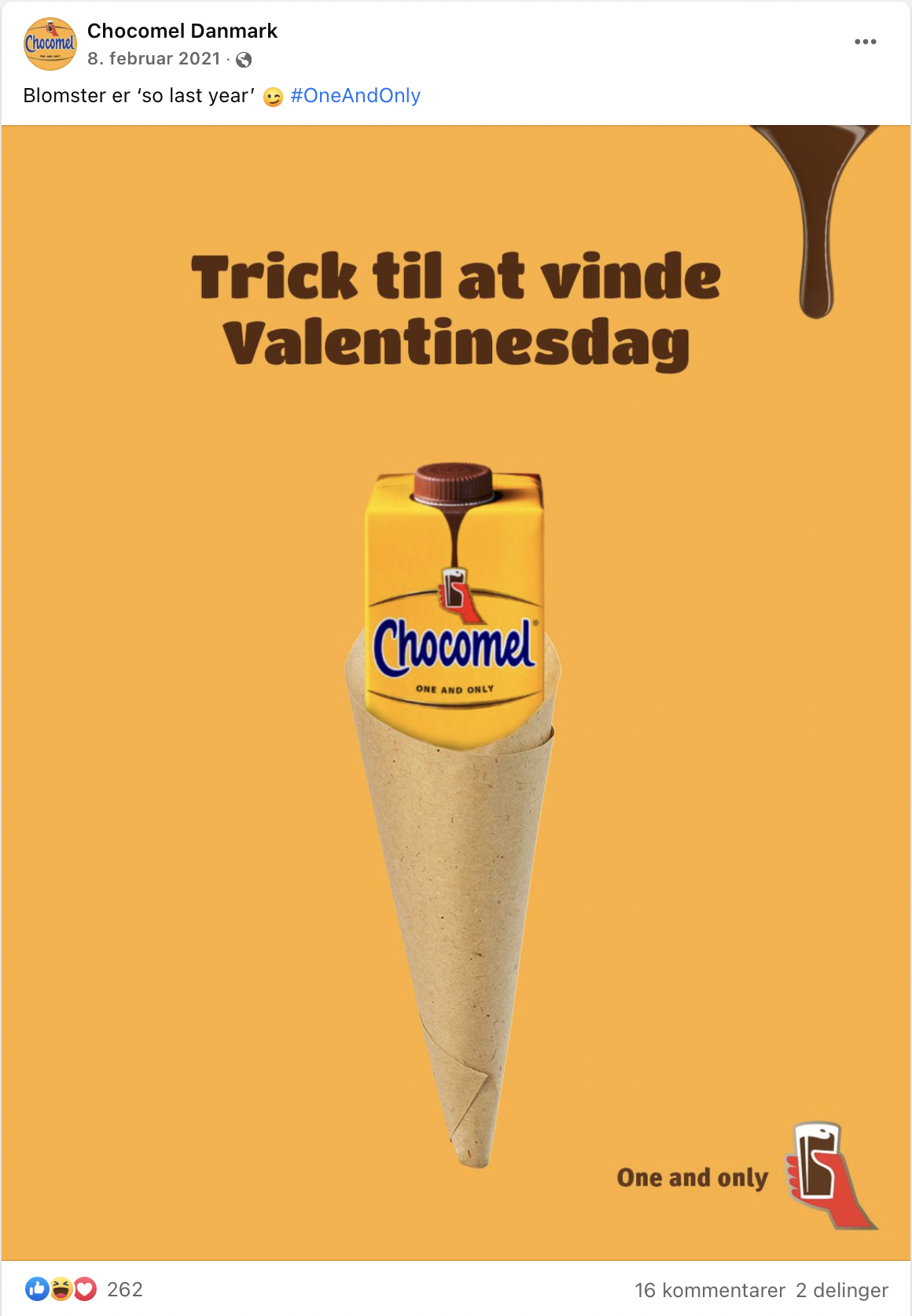 En isvaffel med et Chocomel-mælkekarton på toppen, mod en orange baggrund, med teksten 'Trick til at vinde Valentinsdag'.