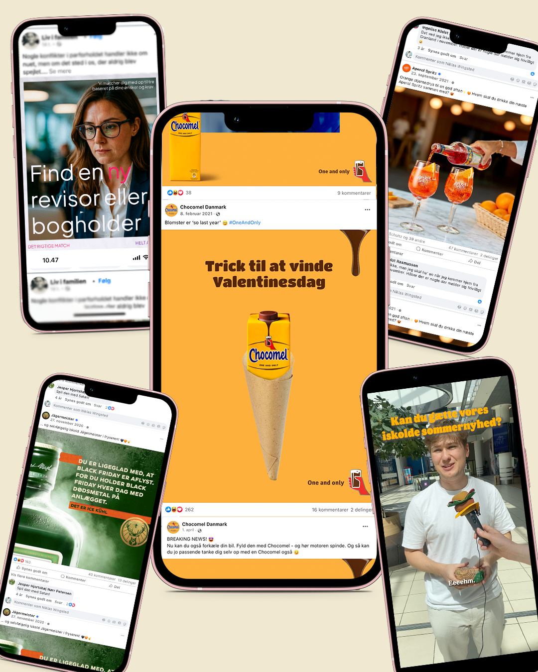 Forskellige sociale medieindlæg, herunder reklamer for Chocomel, Valentine-tema, og andet indhold med personer og produkter.