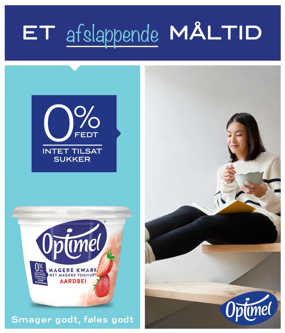En kvinde sidder afslappet på en hylde og spiser yogurt fra Optimel, som er jordbærsmag, uden fedt og tilsatte sukkerarter.