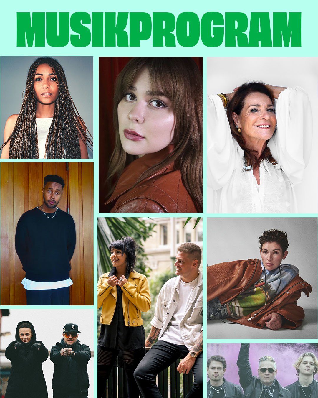 Billedet viser en collage med syv personer, der er portrætfotos og gruppebilleder. Overskriften øverst er 'MUSIKKPROGRAM' i grøn tekst.