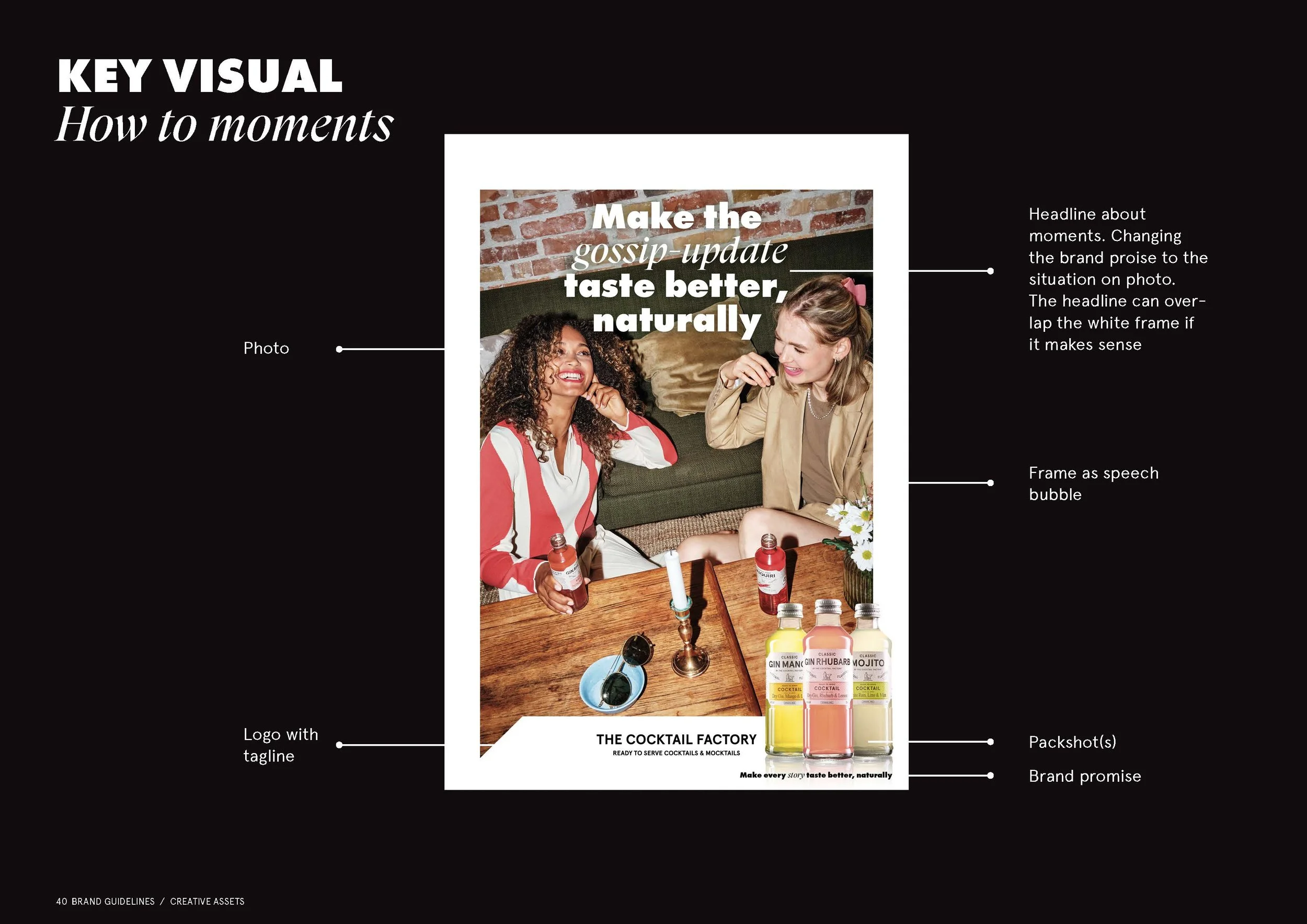 Billedet viser en reklame med to kvinder, der sidder ved et bord med cocktailflasker. Der er en hvid ramme omkring billedet og tekst, der fungerer som tale bobler og overskrifter. Teksten inkluderer 'Make the gossip-update taste better, naturally'ø, 