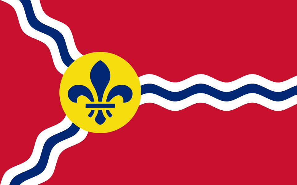 Flag featuring a red background, a yellow circle with a blue fleur-de-lis, and wavy white and blue stripes.