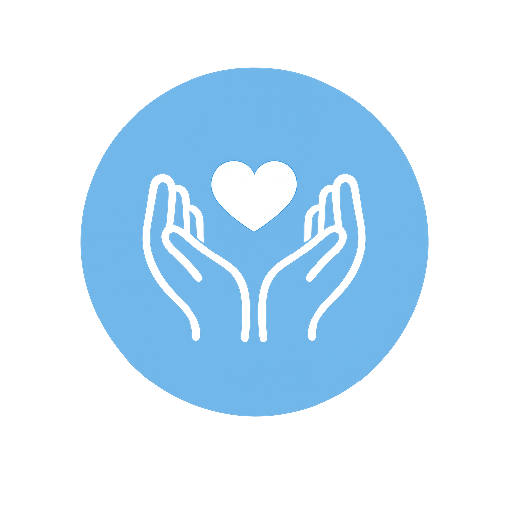 Outline drawing of two hands cupped around a white heart inside a blue circular background.