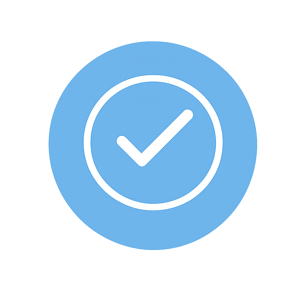 Blue circular icon with white checkmark inside.