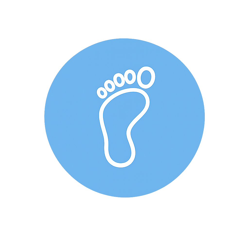 Icon of a footprint inside a blue circle.