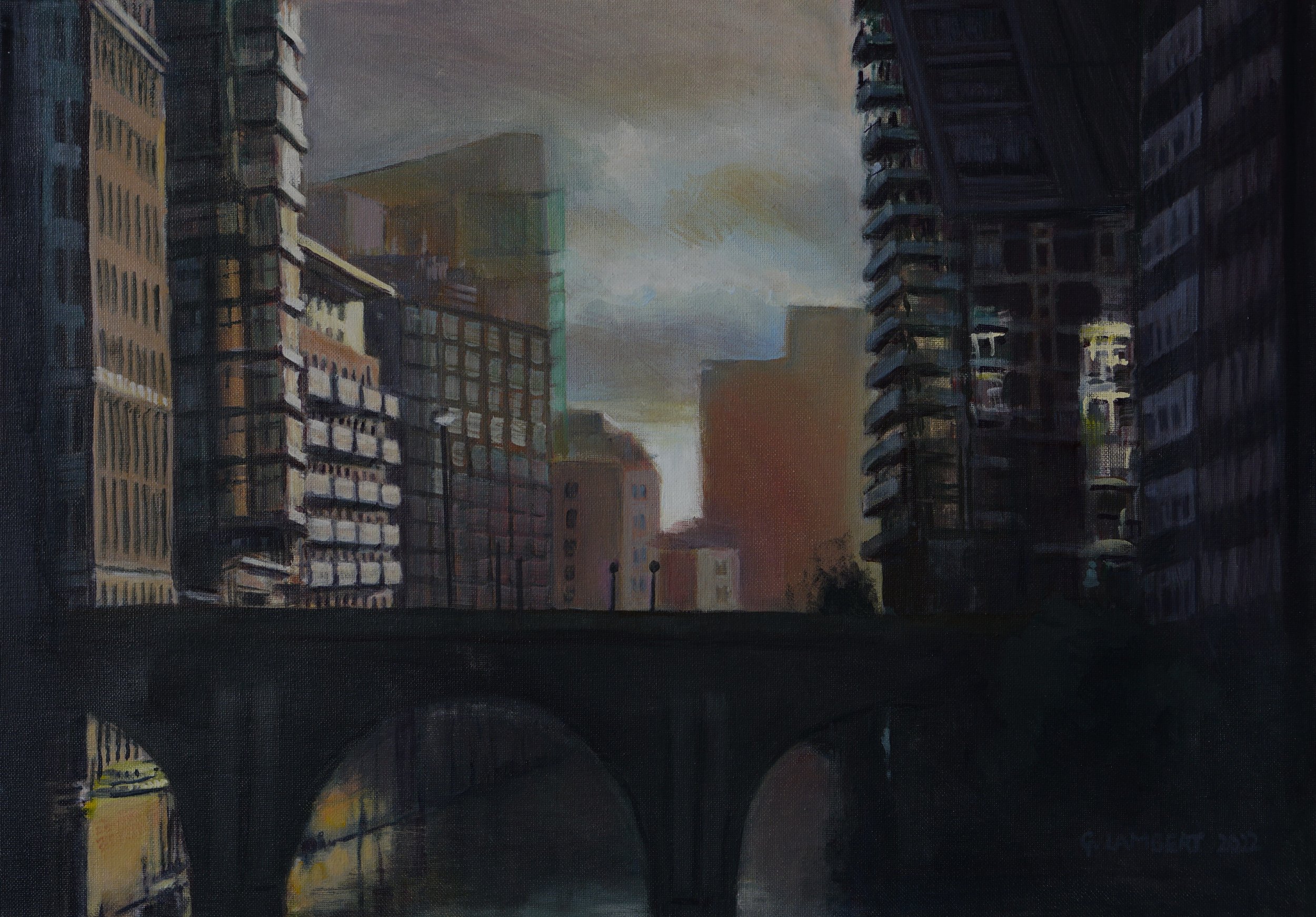A painting of a cityscape at sunset, with tall buildings flanking a bridge over a river and a cloudy sky in the background.