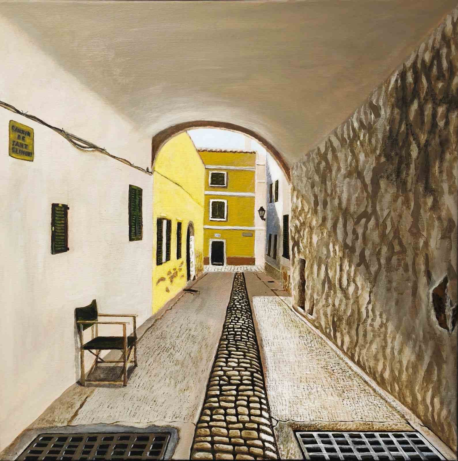 A narrow street with cobblestone and paved walkways, flanked by white and yellow buildings with green windows, leading to a yellow building under a large arch.