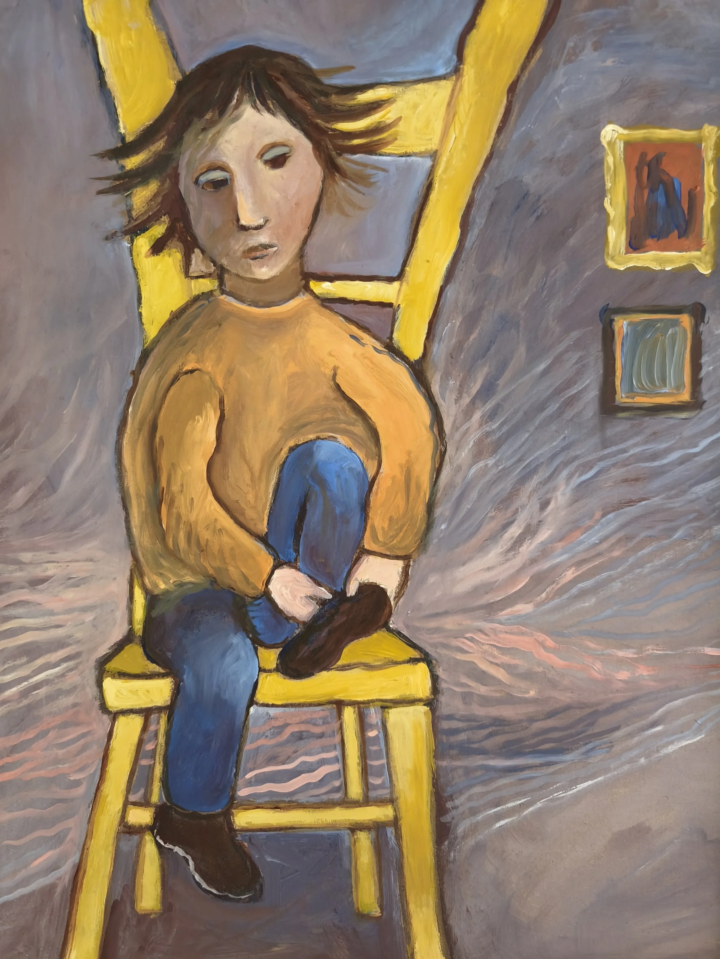 Boy Sitting and Tying His Shoes / Oil on canvas board
