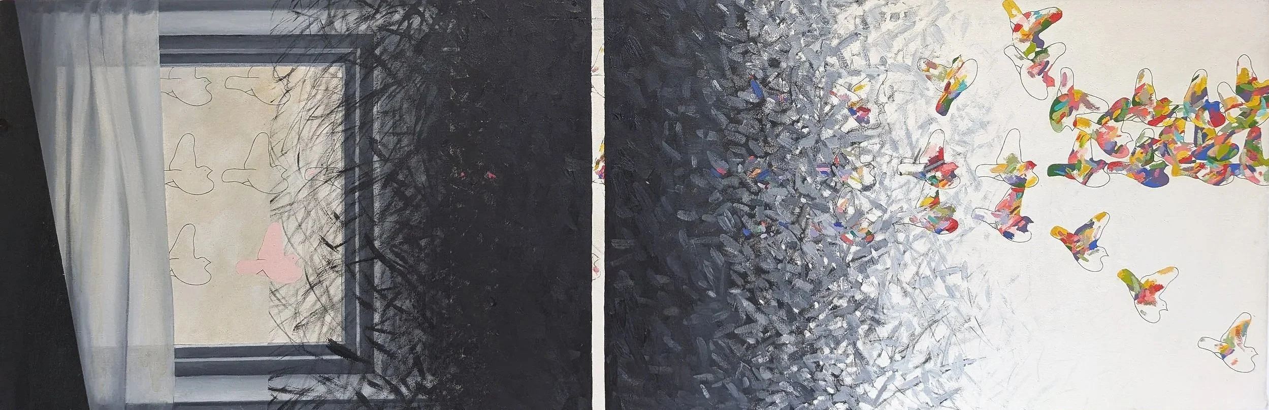 Mixed media artwork with a window scene on the left and a flock of colorful butterflies on the right, separated by a white line.