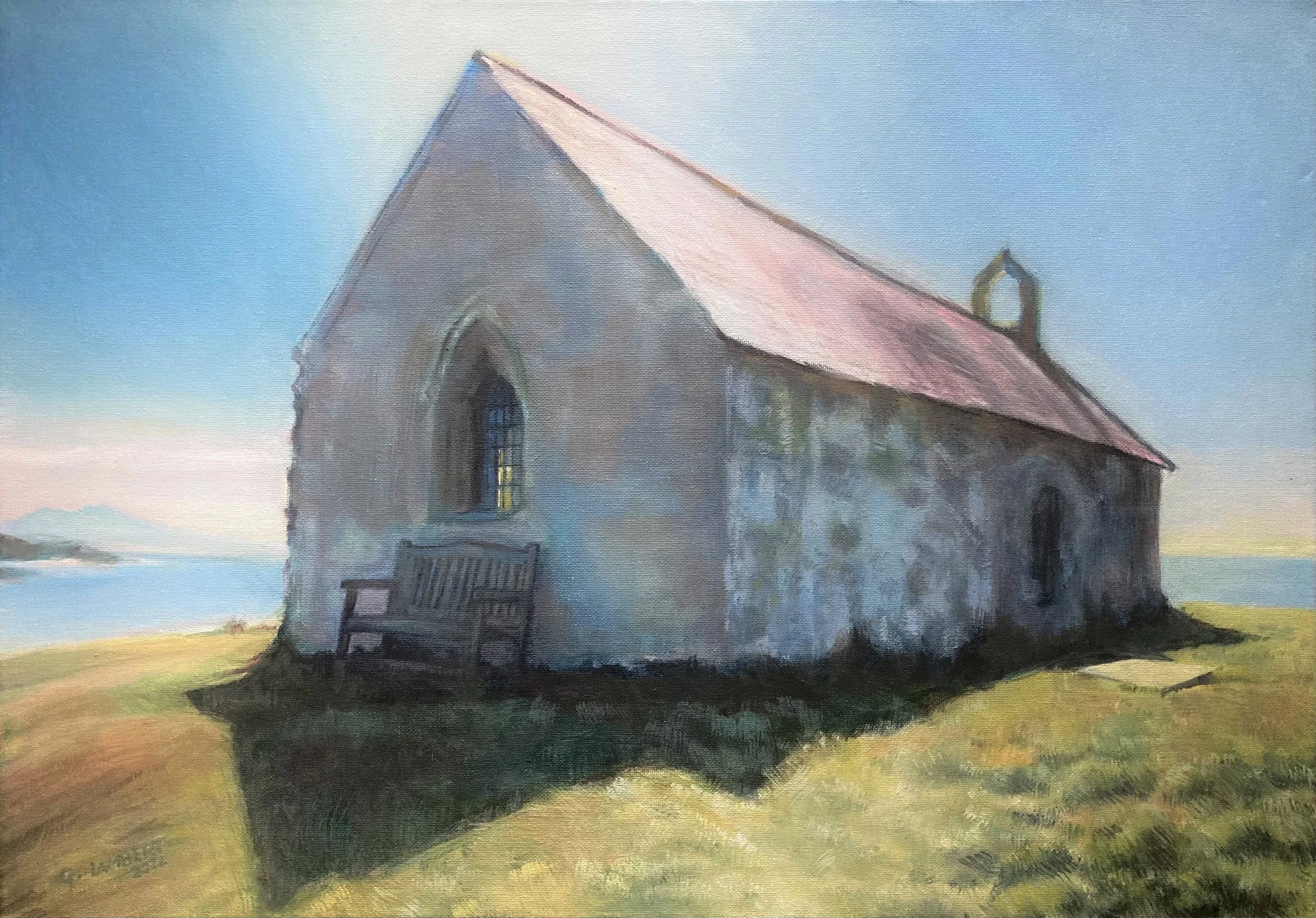Painting of an old stone church with a red roof, surrounded by grass, near a body of water, under a blue sky.