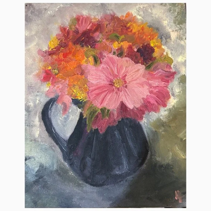 Dahlias​​, Oil on Board​​, 28cm x 23cm, framed £355