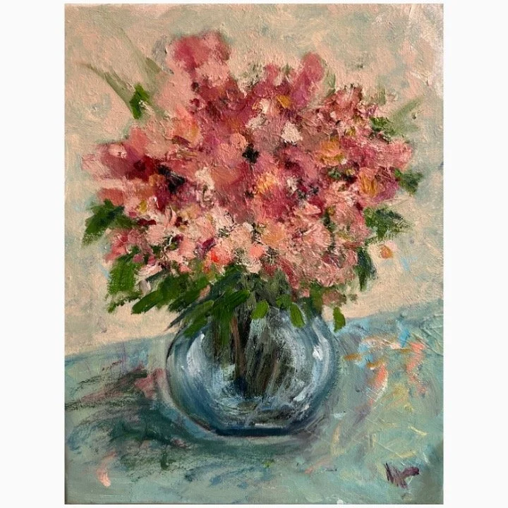 Pink Flowers​​, Oil on Canvas​​, 35.5cm x 28cm x 1.5cm, unframed​ £295, framed £465