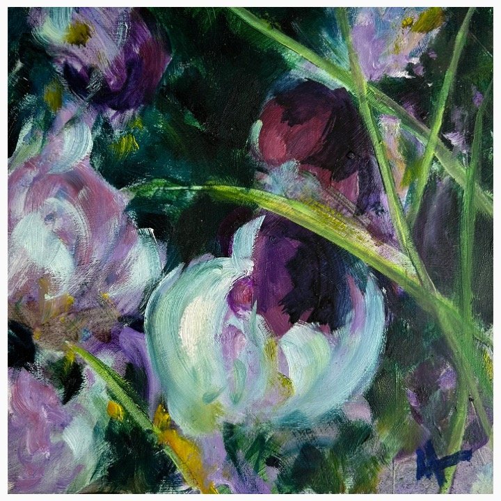 Irises​​​, Oil on Board, 20cm x 20cm, unframed £255, framed £390